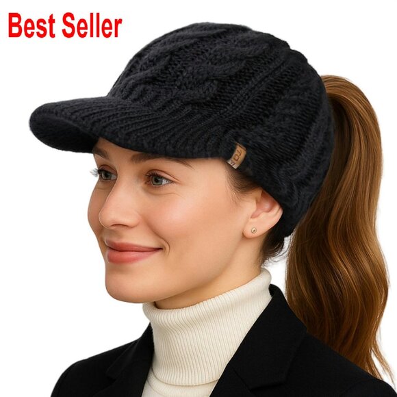 Merino Wool Visor Beanie Fleece Lined Ponytail Hat Winter Warm Windproof